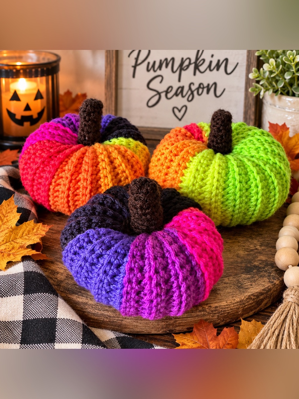 Handmade Crochet Pumpkin Set of 3 Colorful Fall Halloween Decor